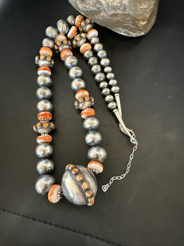 XL Orange Spiny Oyster Navajo Pearls Graduated Bead Necklace 25" | Sterling Silver | Authentic Native American Handmade | 19610
