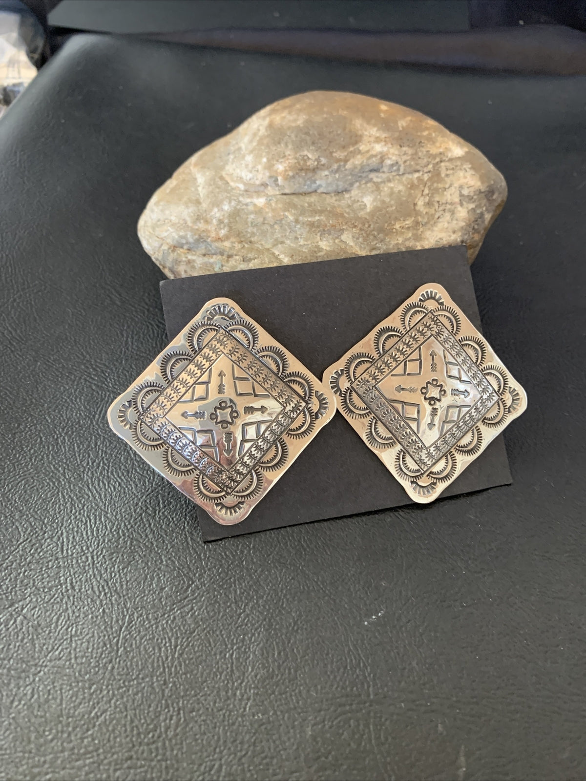Native American Womens Navajo Sterling Silver Stamped Handmade Earrings L