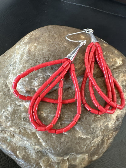 Native Red Coral Heishi 3S Tube Liquid Sterling Silver Dangle Earrings 2" 18198