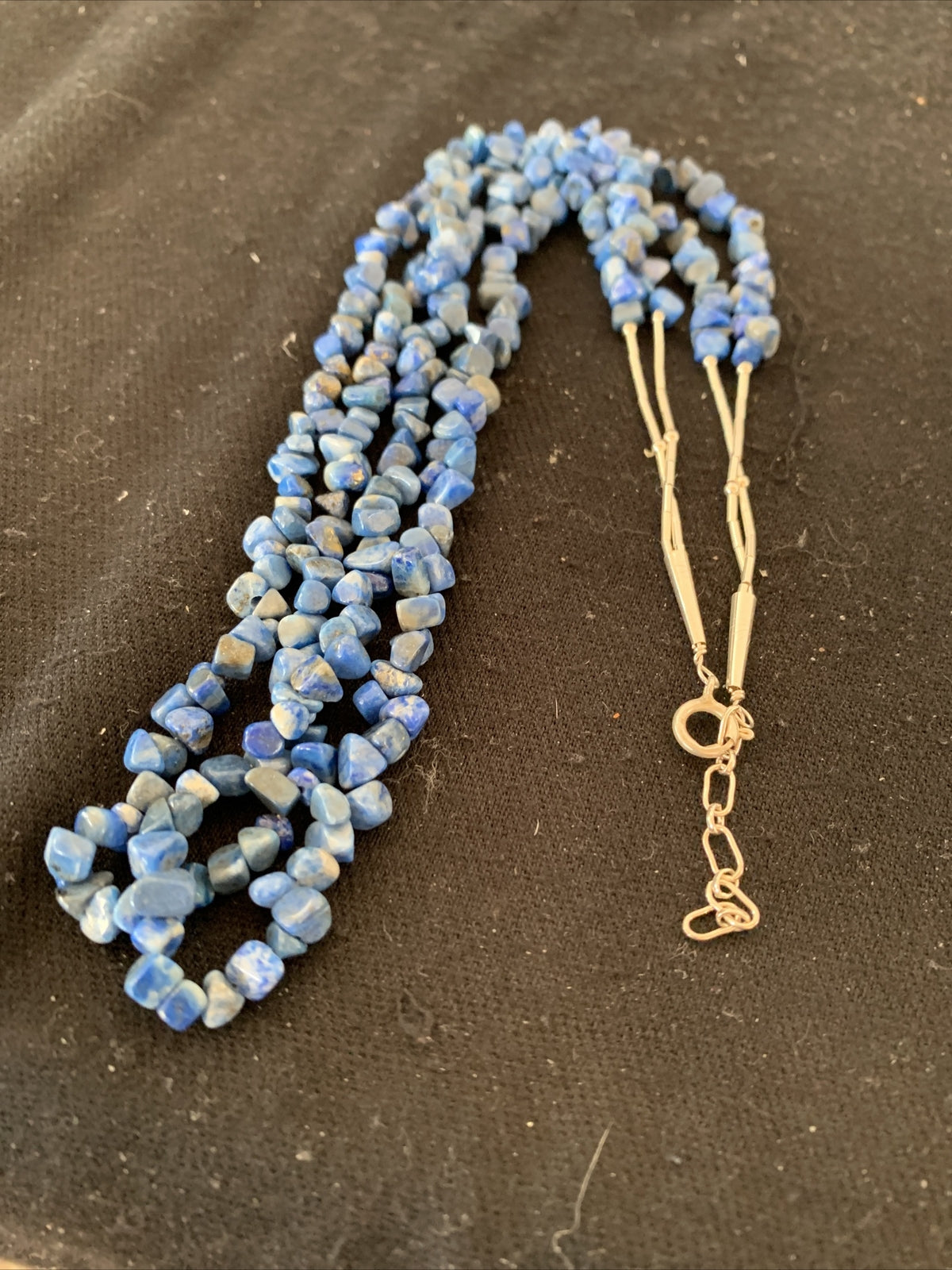 Blue Lapis Bead Liquid Heishi 2 Strands Sterling Silver Tubes Necklace 00851