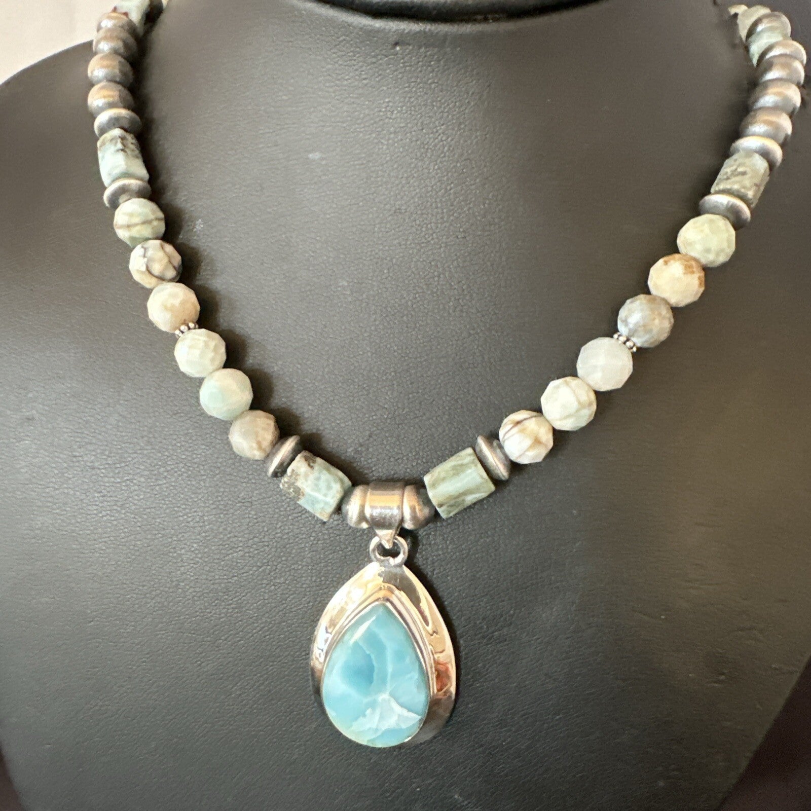 Blue Larimar Pendant Navajo Sterling Silver Natural Necklace 21" 17760