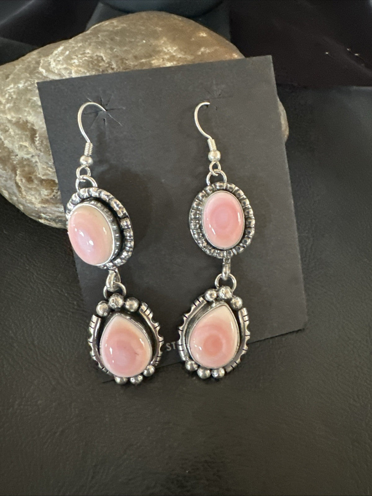 Yazzie Pink Queen Conch Navajo Sterling Silver Dangle Earrings 19321