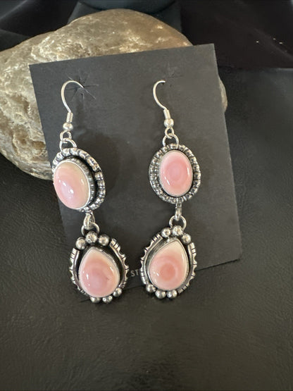 Yazzie Pink Queen Conch Navajo Sterling Silver Dangle Earrings 19321