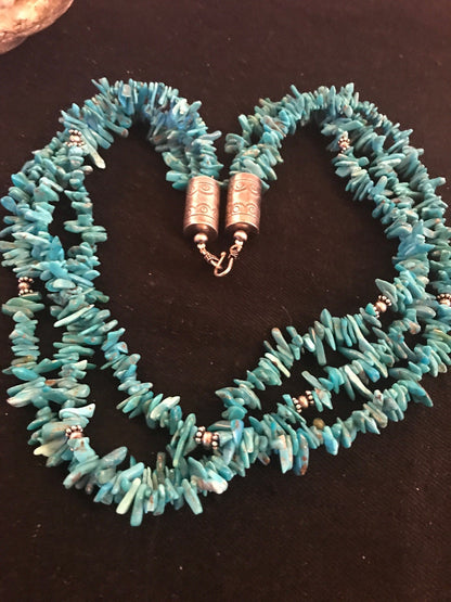 Turquoise Nugget Bead 3 Strand Stabilized Navajo Sterling Necklace 08100
