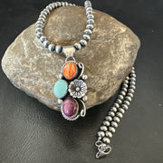 Multicolor Turquoise Spiny Navajo Cluster Pendant Necklace | Sterling Silver | Authentic Native American Handmade | 19311