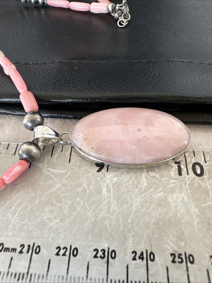 Southwestern Sterling Silver Pink Coral Bead Necklace Quartz Pendant 24" 19586