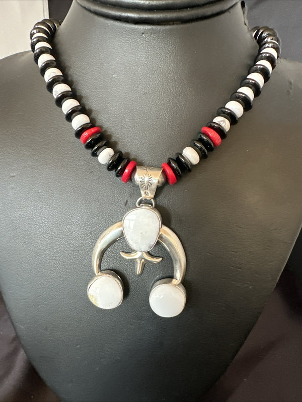 White Buffalo Turquoise Naja Pendant Navajo Onyx Necklace | Sterling Silver | Authentic Native American Handmade | 17866
