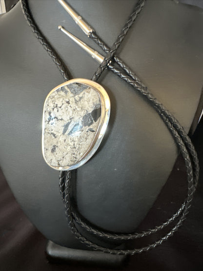 Mens BOLO TIE WHITE BUFFALO TURQUOISE Sterling Silver Navajo 2.5 in 15005