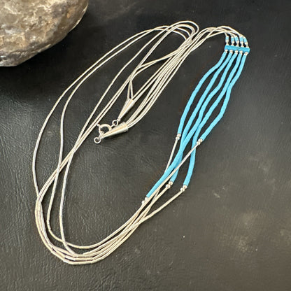 Blue Turquoise 5 Strand Heishi Liquid Sterling Silver Necklace 17854