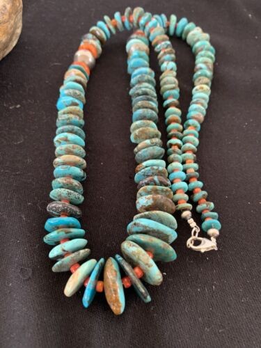Navajo Natural Blue Turquoise & Spiny Oyster Necklace Graduated 28" 332