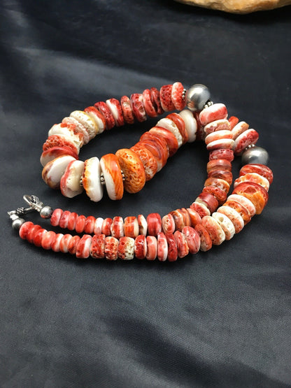 Native American Red Spiny Oyster Navajo Sterling Silver Necklace 20" 04026