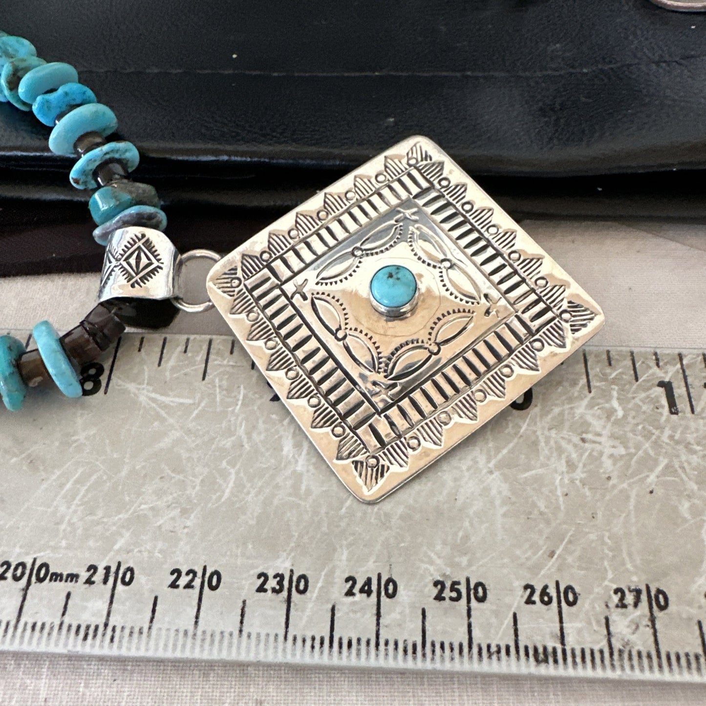 Navajo Blue Turquoise Stamped Pendant Shell Sterling Silver 28” Necklace 19705