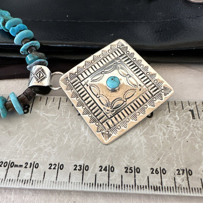 Navajo Blue Turquoise Stamped Pendant Shell Sterling Silver 28” Necklace 19705