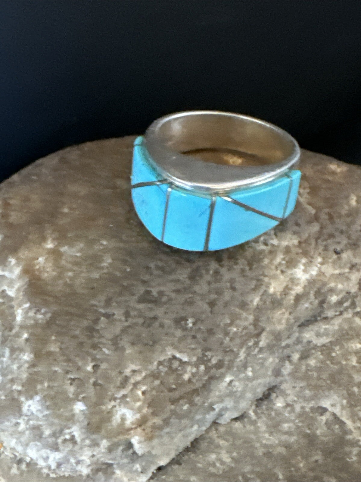 Blue Turquoise Native Navajo Sterling Silver Inlay Band Ring Size 7 18814