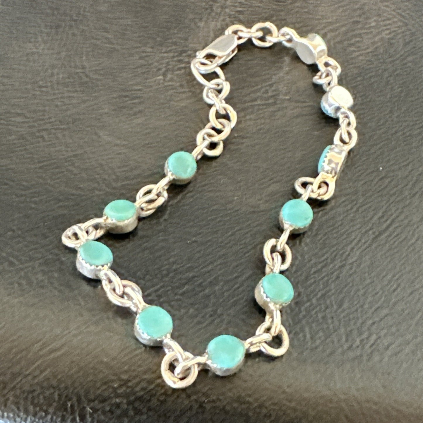 Blue Turquoise Navajo Old Pawn Sterling Silver Link Bracelet 7.5" 18129