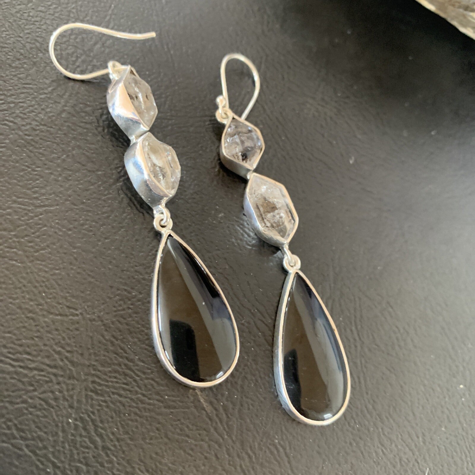 Black Onyx & Quartz Navajo Sterling Silver Dangle Earring 2" 12086