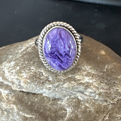 Womens Purple Charoite Navajo Sterling Silver Oval Ring Adjustable Size 9 17246