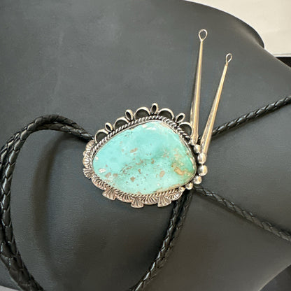 Native Mens Blue Green Royston Turquoise Bolo Tie Sterling Silver Navajo 19592