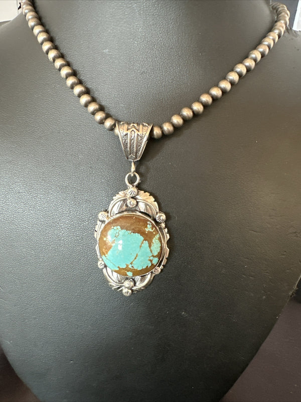Men's Blue Turquoise#8 Pendant Navajo Necklace | Sterling Silver | Authentic Native American Handmade | 18071