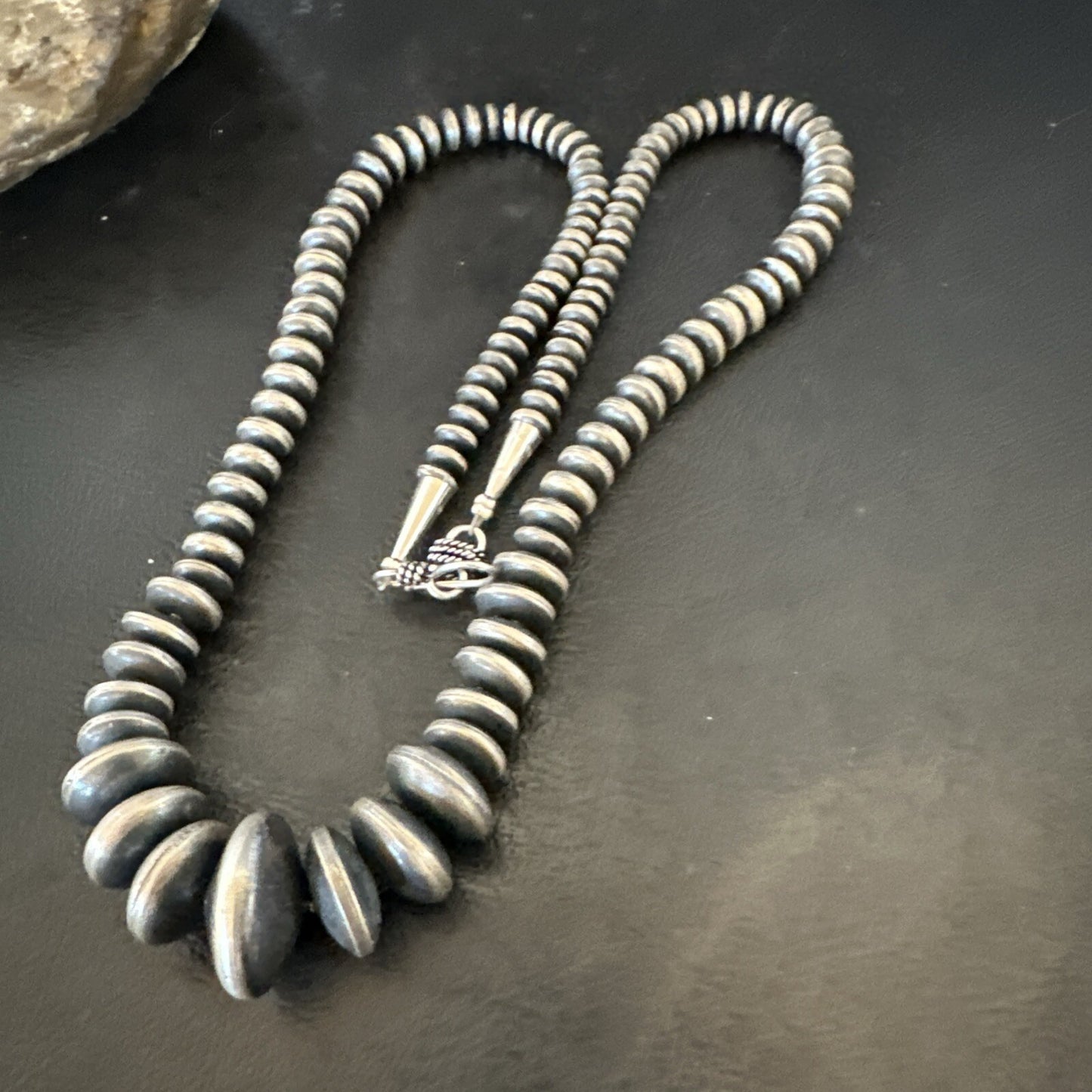 Graduated Rondelle Flat Sterling Silver Beads Necklace 21” 18830