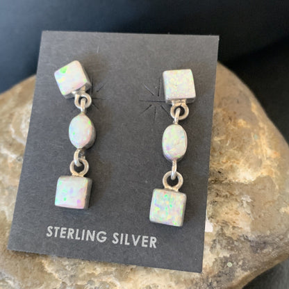 Womens White Opal Inlay Navajo Sterling Silver Dangle Post Earrings 1" 12769