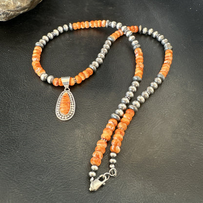 Orange Spiny Oyster Navajo Pearls Sterling Silver Necklace Pendant 18678