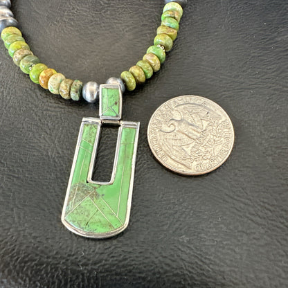 Womens Green Gaspeite Turquoise Pendant Navajo Sterling Silver Necklace 18367