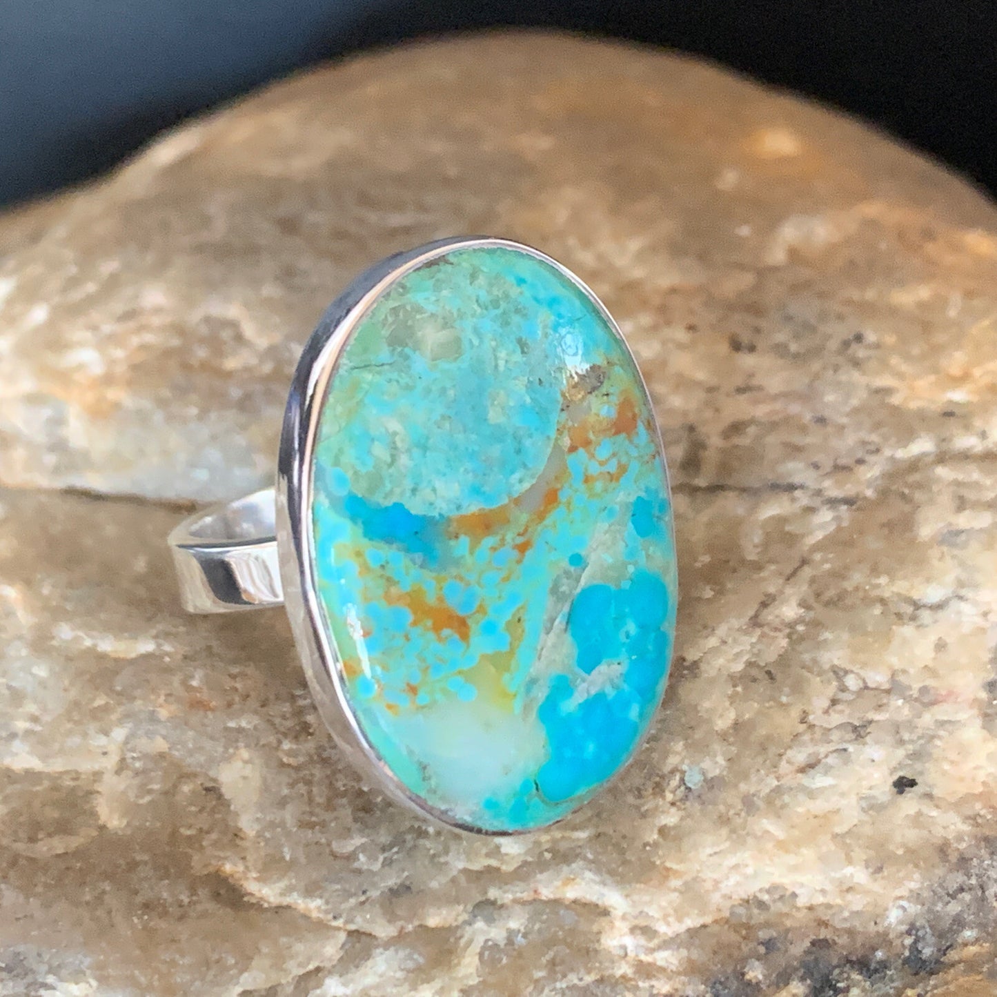 Blue Kingman Turquoise Oval Navajo Sterling Silver Ring Size 8 Adjustable 12800