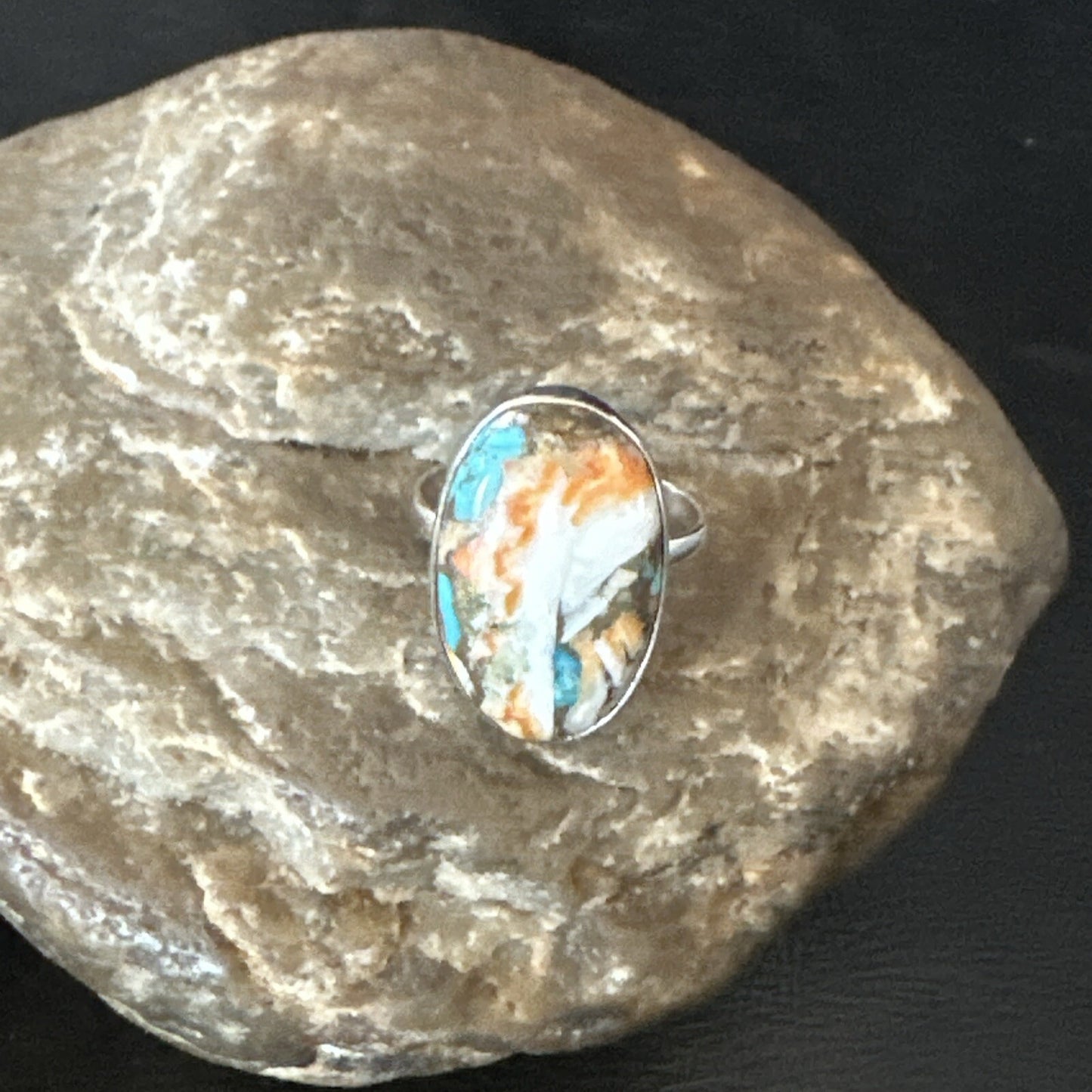 Blue Turquoise Spiny Oyster Southwestern Sterling Silver Ring Size 8 18439