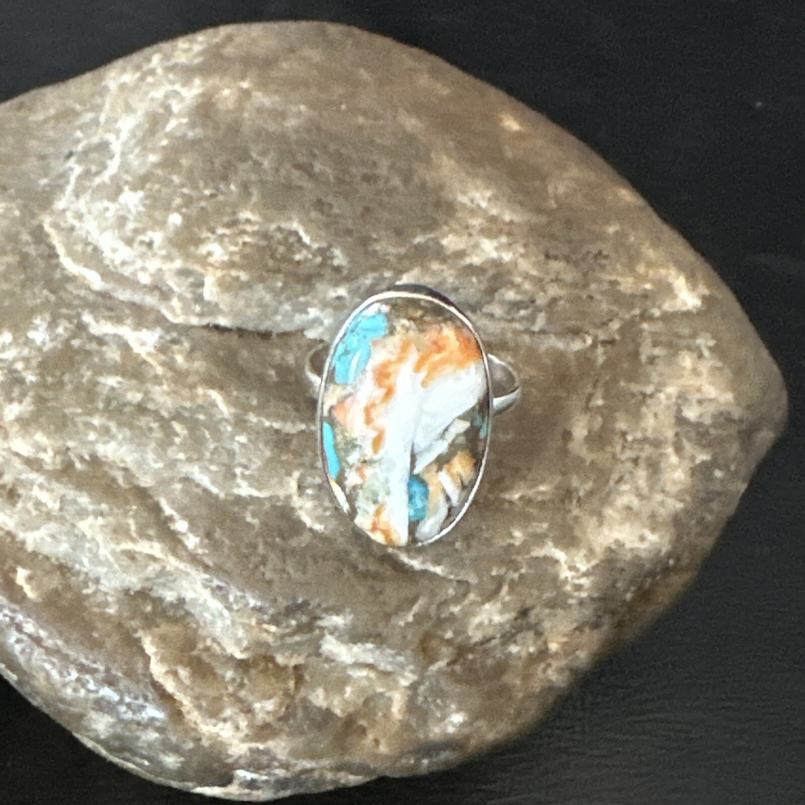 Blue Turquoise Spiny Oyster Southwestern Sterling Silver Ring Size 8 18439
