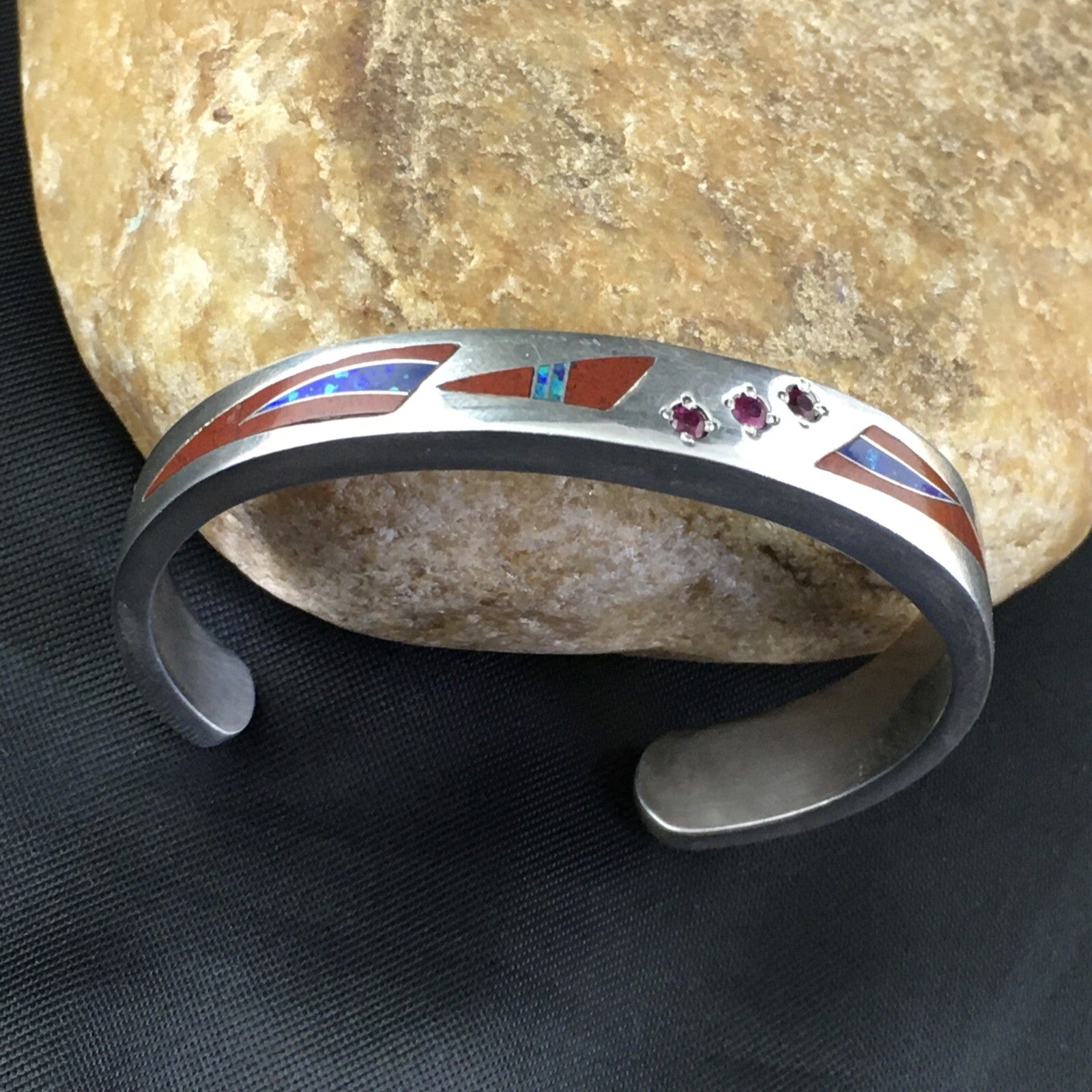 Coral, Lapis Ruby Navajo Sterling Silver Inlay Bracelet 1982