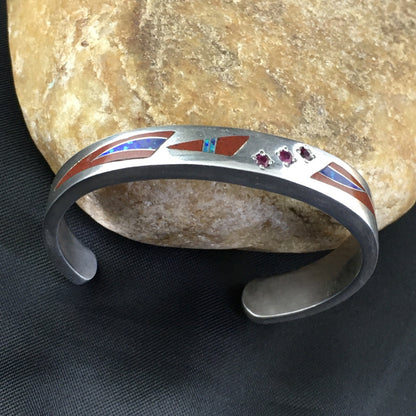 Coral, Lapis Ruby Navajo Sterling Silver Inlay Bracelet 1982