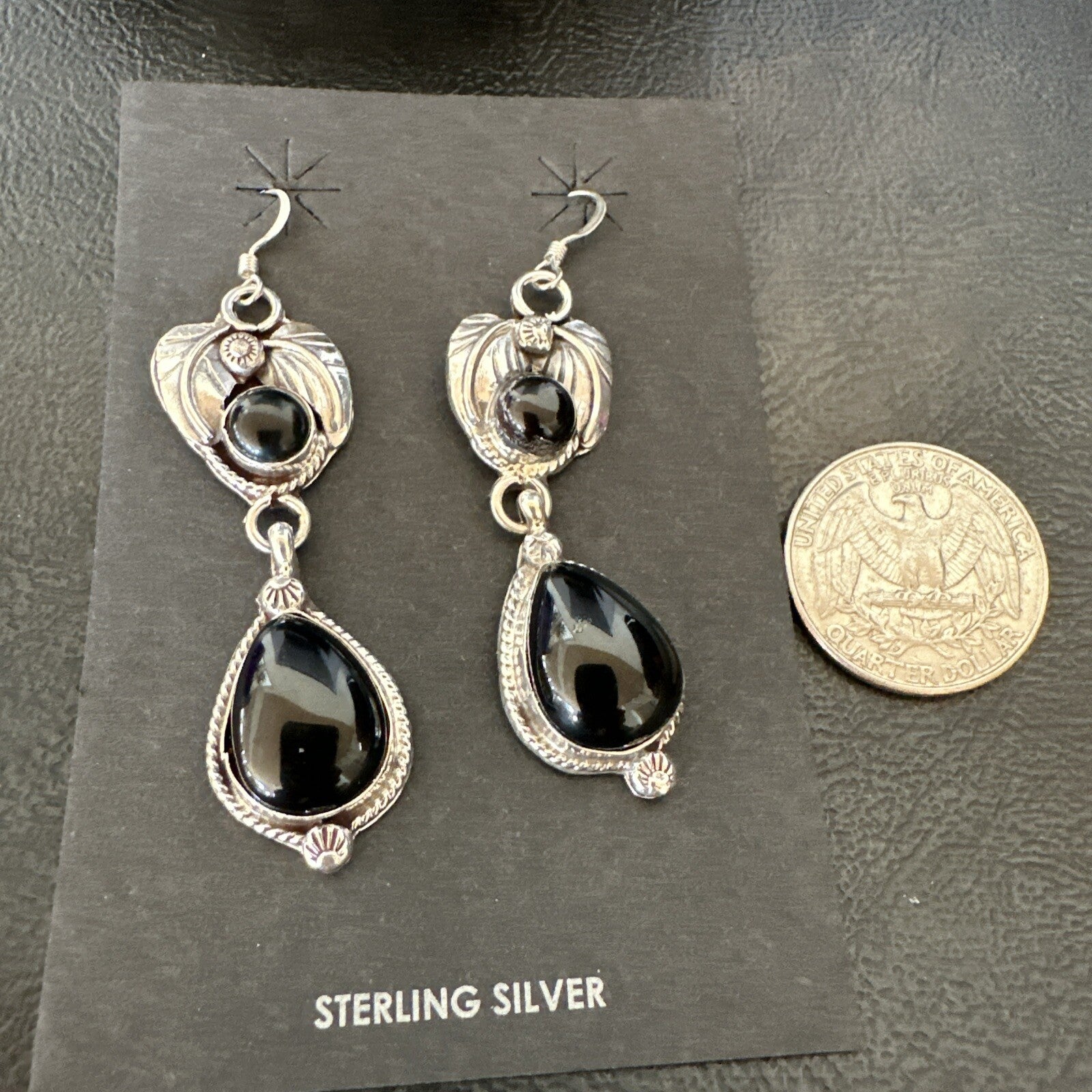 Black Onyx Navajo Sterling Silver Dangle Earrings 1.5" 18292