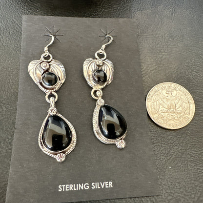 Black Onyx Navajo Sterling Silver Dangle Earrings 1.5" 18292