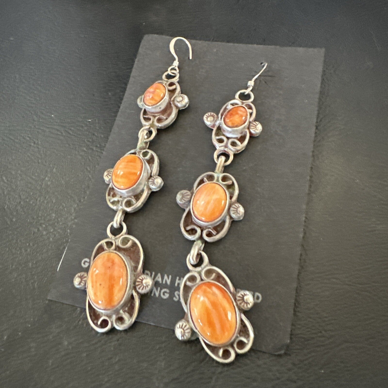 Native Navajo Sterling Silver Orange Spiny Oyster Dangle Earrings 1227