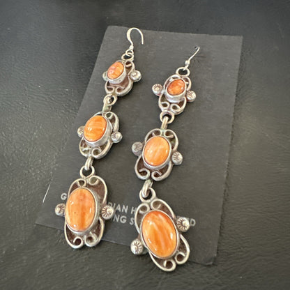 Native Navajo Sterling Silver Orange Spiny Oyster Dangle Earrings 1227