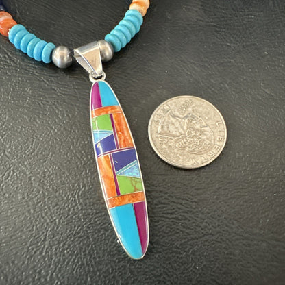 Multicolor Turquoise Spiny Navajo Sterling Silver Inlay Pendant Necklace 19653
