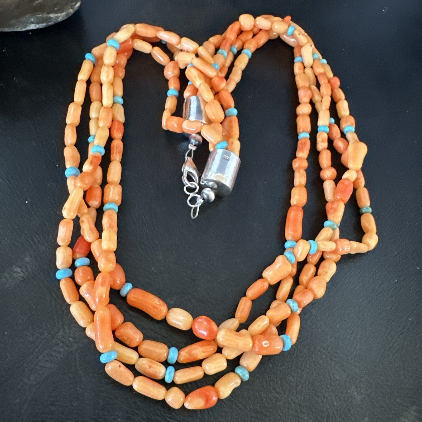 Native Turquoise Orange Coral Sterling Silver 4 Strand Necklace 21" 17820