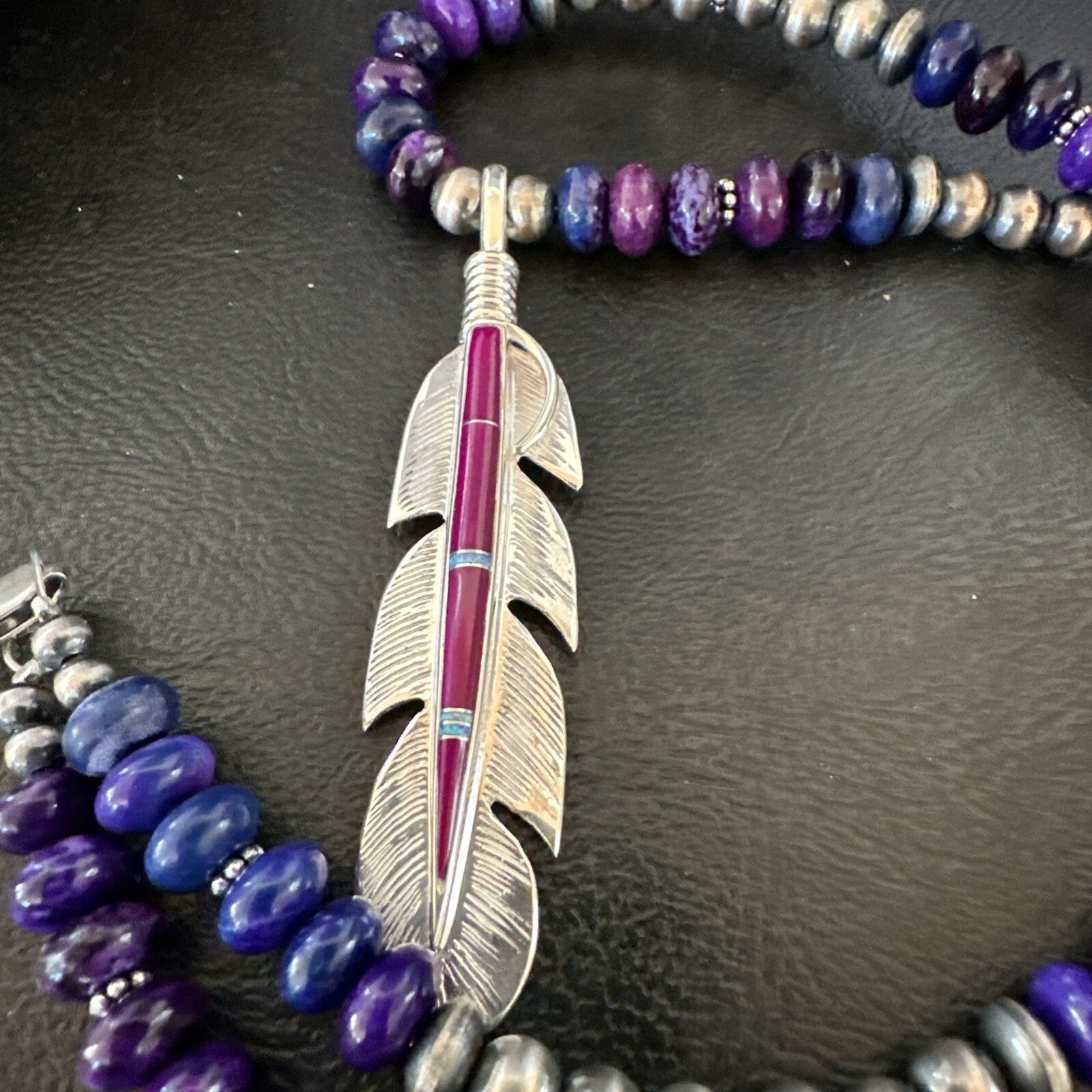 Feather Purple Stone Opal Pendant Sterling Silver Necklace 21” 18671