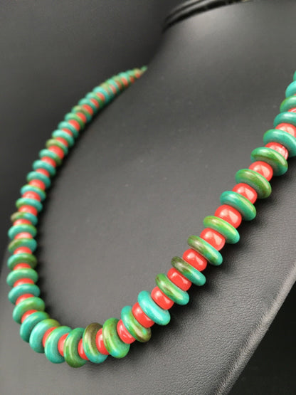 Native Mens Turquoise & Coral Bead Navajo Sterling Silver Necklace 22" 3712