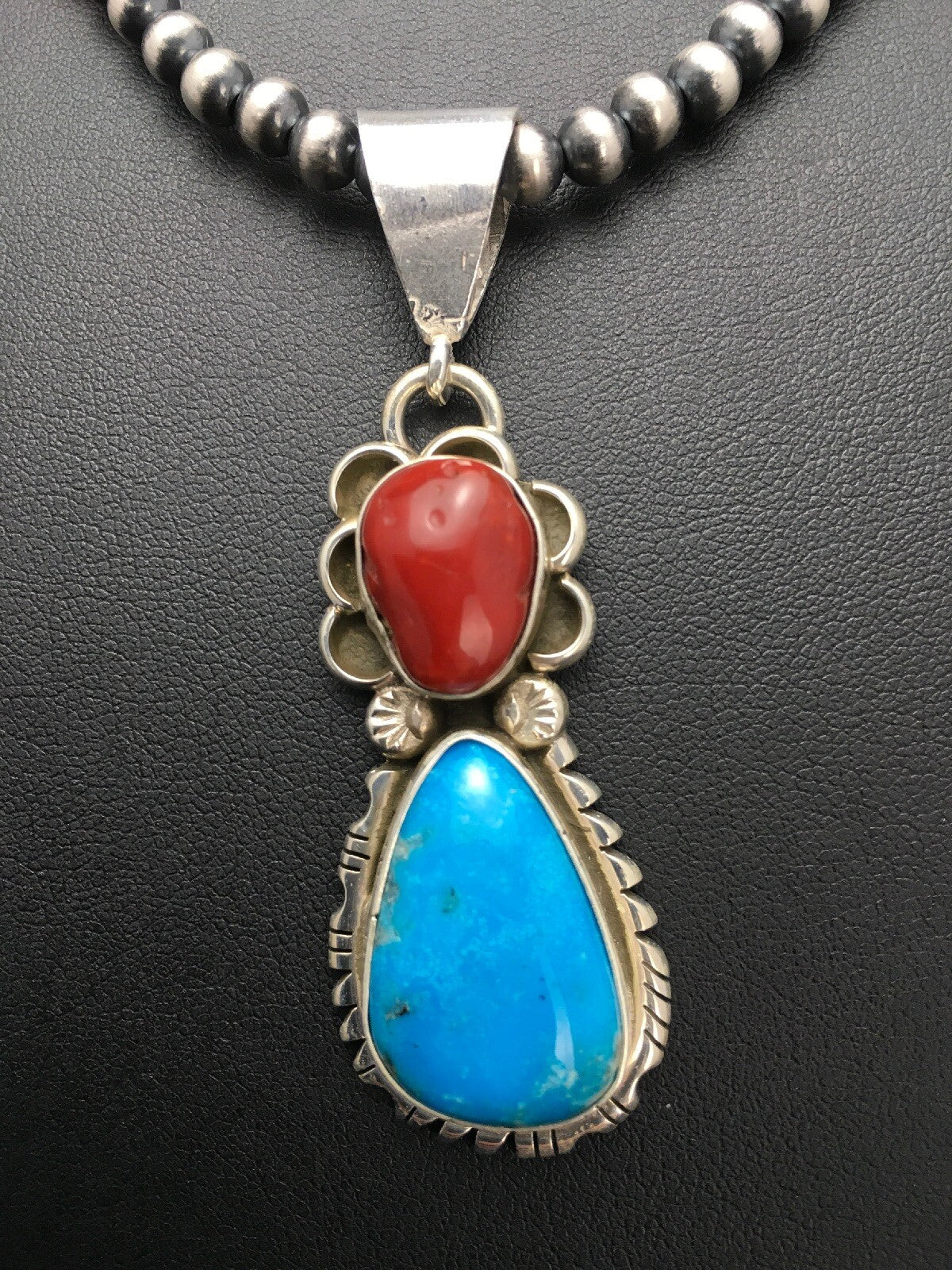 Turquoise & Coral Pendant Navajo Sterling Silver Necklace 02580