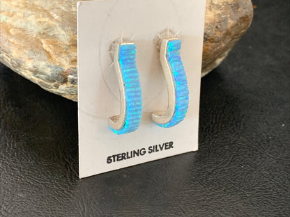 Blue Opal Inlay Navajo Sterling Silver Hoop Earrings 1" 1718