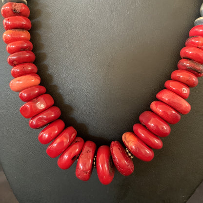 Native Navajo Graduated Red Coral Sterling Silver Bead 18" Necklace 11559