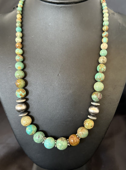 Green Turquoise Graduated Navajo Sterling Silver Necklace 21” 17782