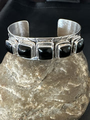 Men's Navajo Black Onyx Cuff Bracelet 5 Stone | Sterling Silver | Authentic Native American Handmade | 18020