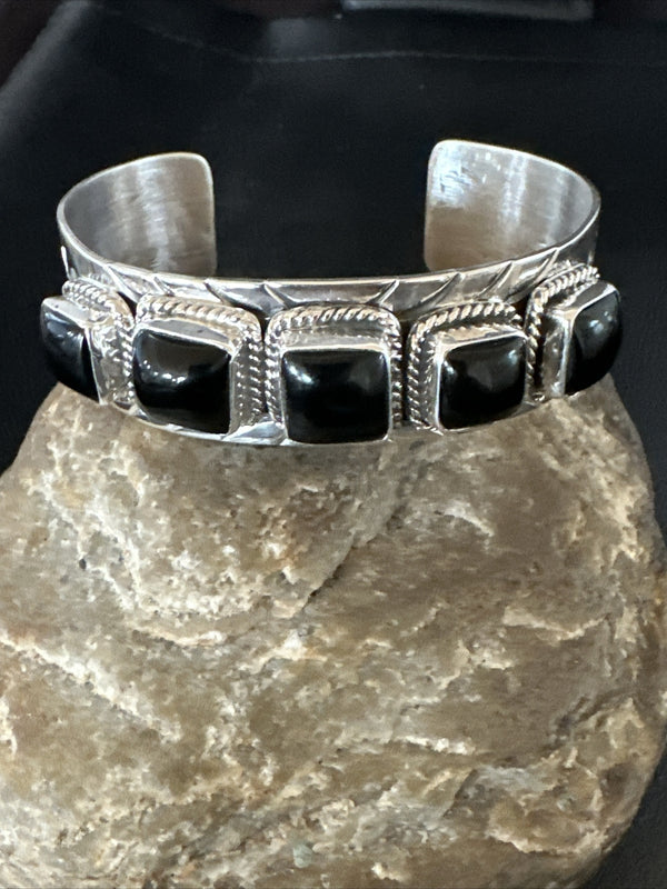 Men's Navajo Black Onyx Cuff Bracelet 5 Stone | Sterling Silver | Authentic Native American Handmade | 18020