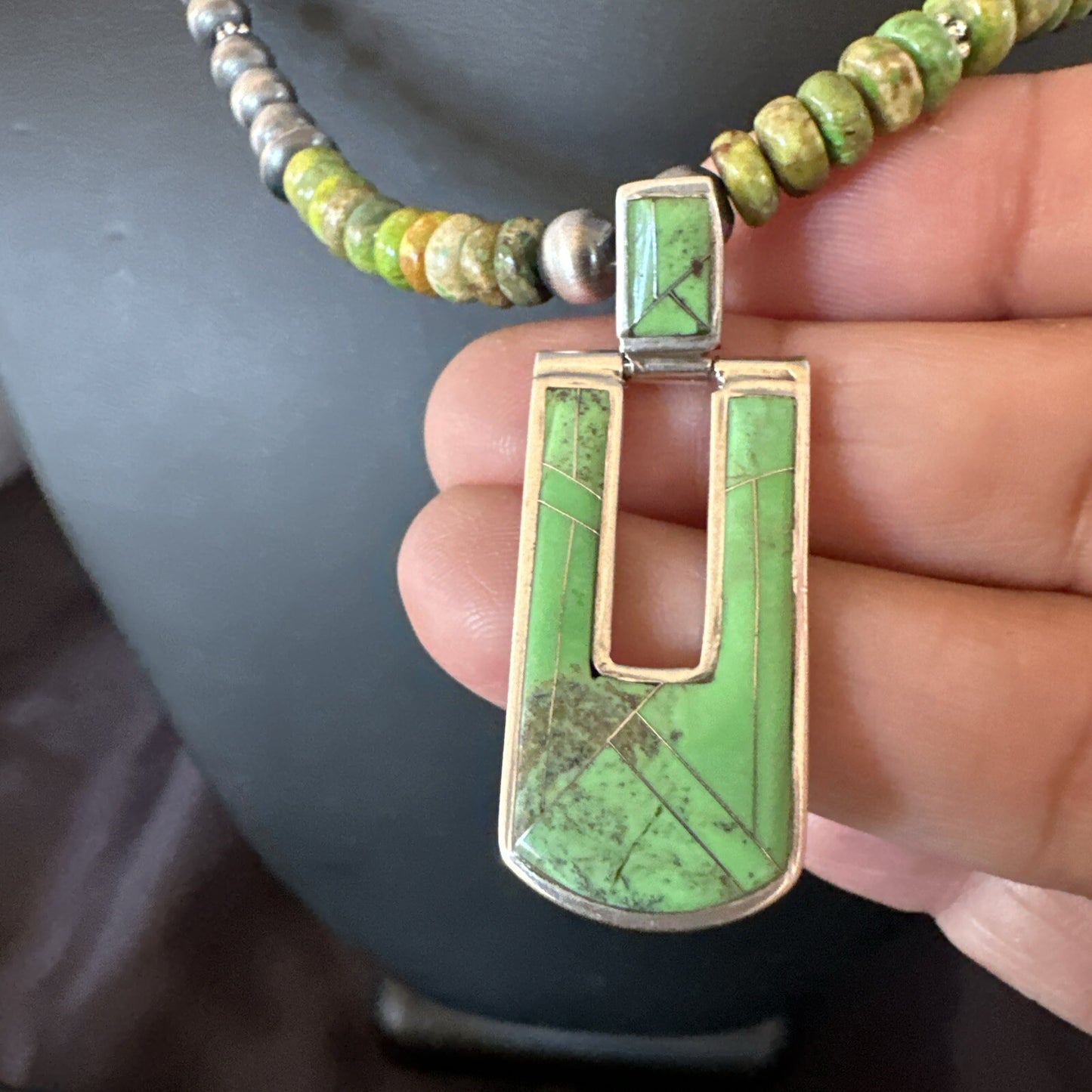Womens Green Gaspeite Turquoise Pendant Navajo Sterling Silver Necklace 18367