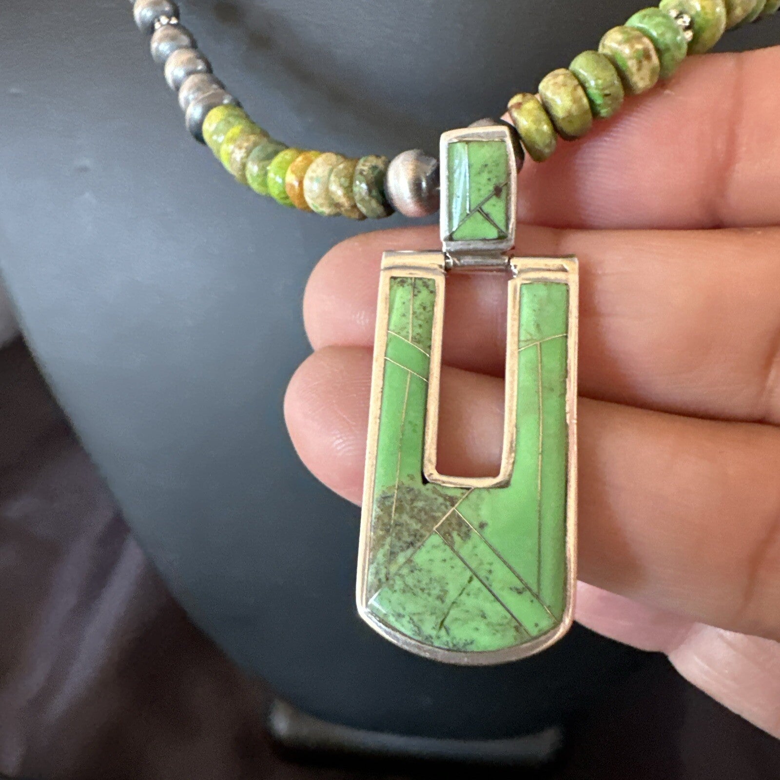 Womens Green Gaspeite Turquoise Pendant Navajo Sterling Silver Necklace 18367