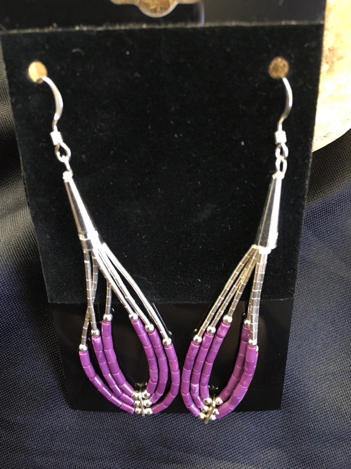 Purple Stone 3 Strand Heishi Liquid Sterling Silver Dangle Earrings 01985