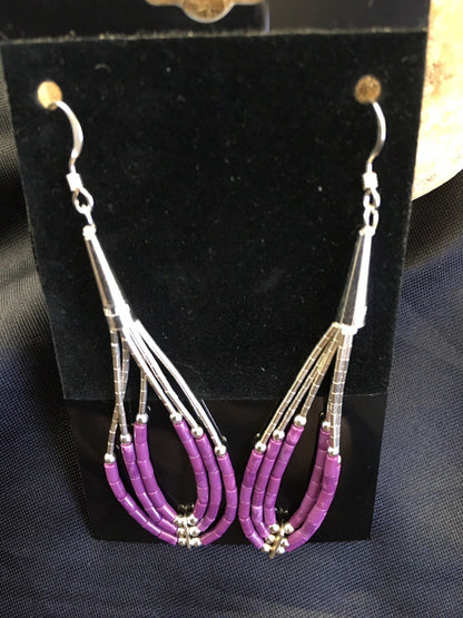 Purple Stone 3 Strand Heishi Liquid Sterling Silver Dangle Earrings 01985